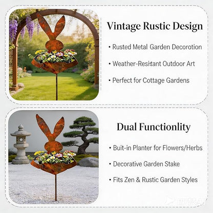 EPMANN Easter Vintage Metal Rabbit Shaped Planter Garden Stake, Rustic Patina Finish Bunny Decor for Outdoor Garden Yard, Decorative Stake for Small Flowers Succulents Spring Displays