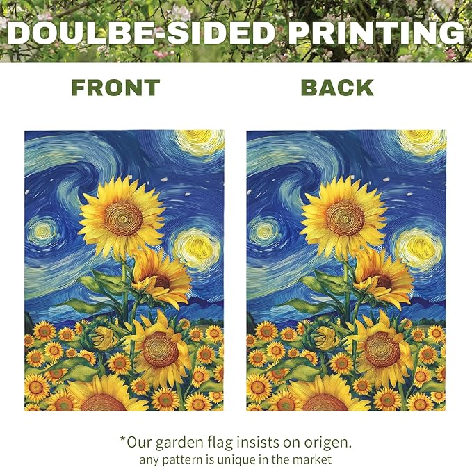 Sunflower Garden Flag Spring Summer Sunflowers Yard Flags Vibrant Van Gogh Starry Sky House Banners Double Sided Rustic Farmhouse Floral Banner for Porch Patio Landscape Decor 12 x 18 Inch