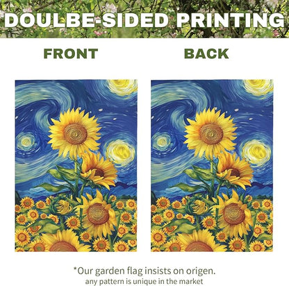 Sunflower Garden Flag Spring Summer Sunflowers Yard Flags Vibrant Van Gogh Starry Sky House Banners Double Sided Rustic Farmhouse Floral Banner for Porch Patio Landscape Decor 12 x 18 Inch