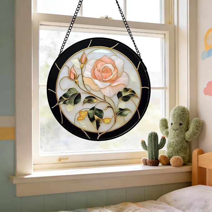 Stained Glass Window Hanging - Black White Pink Rose Sun Catcher for Door Home Decor Flower Suncatcher Christmas Mother's Day Birthday Gifts for Women Men Lovers Mom Nana 15 in