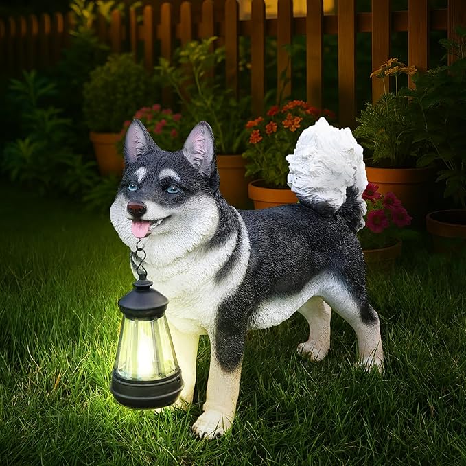 Japanese Akita Porch Guardian with Solar Lantern & Double-Sided Sign, Standing Black Akita Statue for Entryway, Steps, Garden Gate & Patio Décor