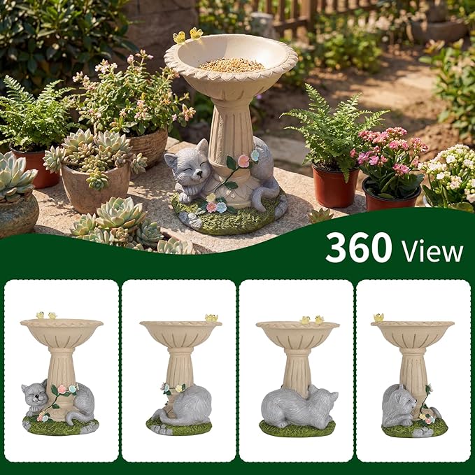 Lyeasw Cat Statue Garden Decor with Bird Feeder Outdoor Yard Decor – Weatherproof Resin Outdoor Patio Porch Lawn Art – Unique Birthday Gifts for Bird Lovers Mom Grandma Women