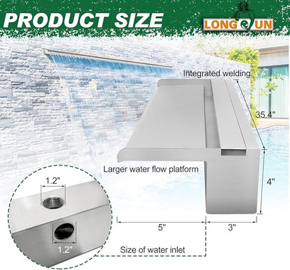 LONGRUN Stainless Steel Waterfall Spillway, APP Control Multi-Color LED Light Outdoor Pool Fountain, Water Spillway Koi Pond Waterfalls Fountains Kit for Garden Patio Swimming Pool Decoration-35.4"