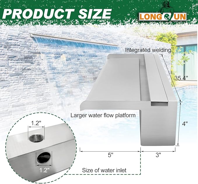 LONGRUN Pool Fountain Stainless Steel Outdoor Pond Spillway Waterfall with Wider Water Flow Platform Multi-Color LED Light Spray Indoor Waterfall Fountains for Garden-35.4" x 8" x 3.94"(W x D x H)