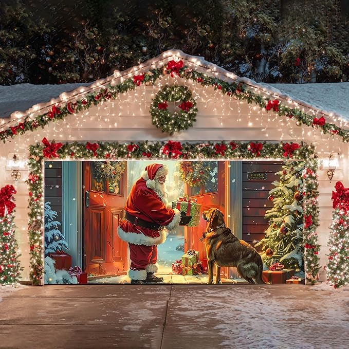HOMETITUTE Christmas 13x6ft Garage Door Banner Santa Claus Dog Gift Scene Winter Night Holiday Porch Backdrop Indoor Outdoor Wall Background Decor Festive Family Celebration Display Party