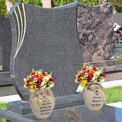 Angel and Cross Cemetery Cemetery Memorial Vase, Cemetery Flower Grave,2-Piece Angel Cemetery vase with Iron Spikes,Garden Decoration， Memorial Gift for Lost Love (3 Granite)