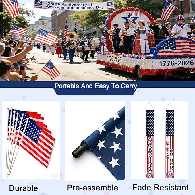 4th of July Decorations Outdoor - 2 Pack 250th Anniversary Patriotic Porch Banners with 6 USA Hand Flags, 1776-2026 Semiquincentennial Hanging Sign Set for Independence Day Party, Balcony Fence Garden Wall Decor
