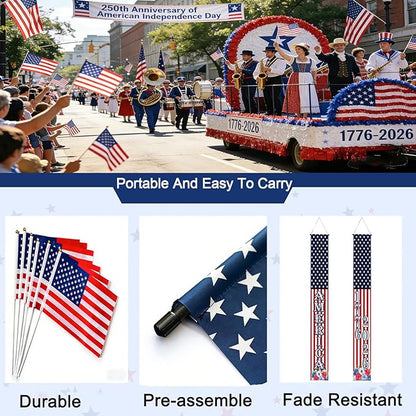 4th of July Decorations Outdoor - 2 Pack 250th Anniversary Patriotic Porch Banners with 6 USA Hand Flags, 1776-2026 Semiquincentennial Hanging Sign Set for Independence Day Party, Balcony Fence Garden Wall Decor