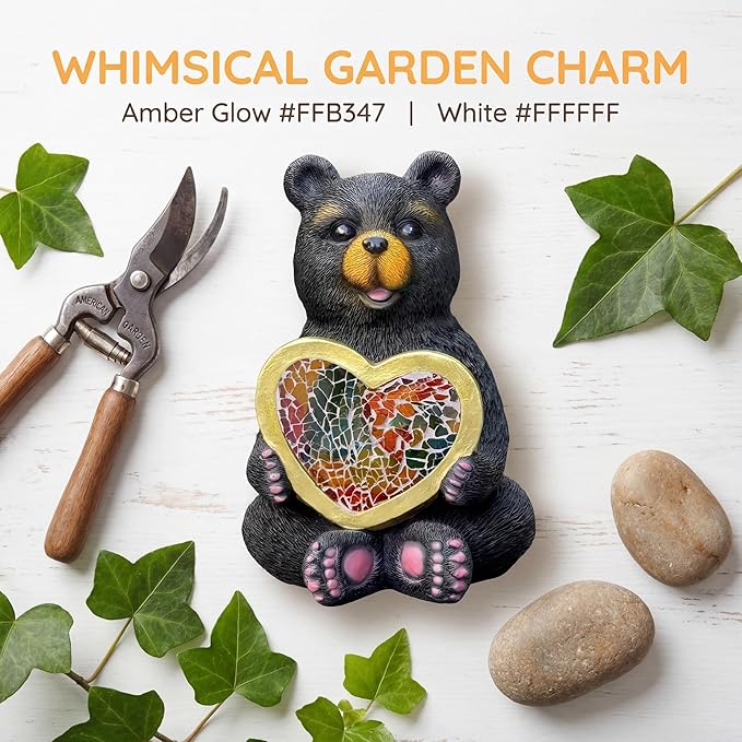 Solar Garden Sculpture: Unique Resin Black Bear Holding a Heart Outdoor Mosaic Solar Light Ideal for Gardens, patios, and courtyards Gift or Decorative piece-Black