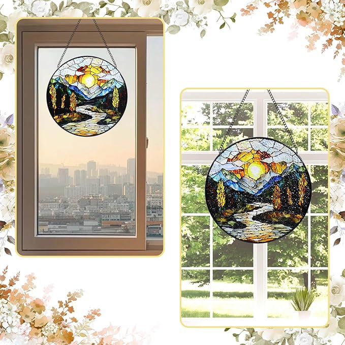 Stained Glass Window Hanging, 8 in Sunset Mountains Lake Tree Sun Catchers, Diamond Glass Panel Landscape Suncatcher for Home Decor - Gift for Bird Lovers Women Mother's Day Christmas