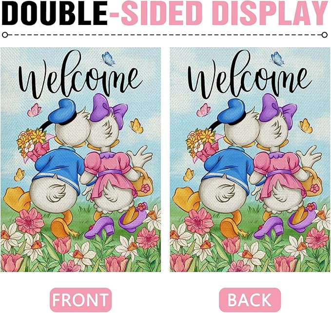Dyrenson Welcome Spring Summer Cartoon Duck Decorative Garden Flag, Daffodil Daisy Floral Flower Butterfly Yard Outside Home Decorations, Seasonal Burlap Outdoor Small Decor Double Sided 12 x 18
