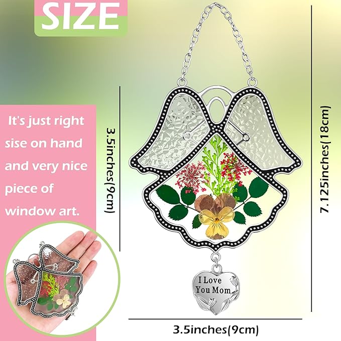 KY&BOSAM Angel Suncatcher I Love You Mom Stained Glass Panels Suncatchers for Windows Wind Chime with Pressed Flower Glass and Metal Heart Charm Birthdays Gift for Mom Mothers Day Valentines Christmas