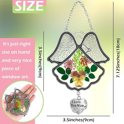 KY&BOSAM Angel Suncatcher I Love You Mom Stained Glass Panels Suncatchers for Windows Wind Chime with Pressed Flower Glass and Metal Heart Charm Birthdays Gift for Mom Mothers Day Valentines Christmas