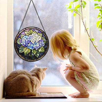 DASTOLL Stained Glass Window Hanging, Hydrangea Flowers Sun Catchers Diamond Glass Panel Hangings Plant Suncatcher Decor for Birthday for Women, Men, Wife, Aunt, and Mom 11.8x11.8 in