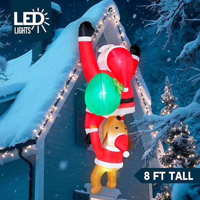 Joiedomi Hanging Christmas Inflatables Outdoor Decoration, Blow Up Climbing Santa with Dog, Christmas Blow Up Yard Decorations with Build-in LED for Xmas Party, Garden, Lawn, Roof Decor