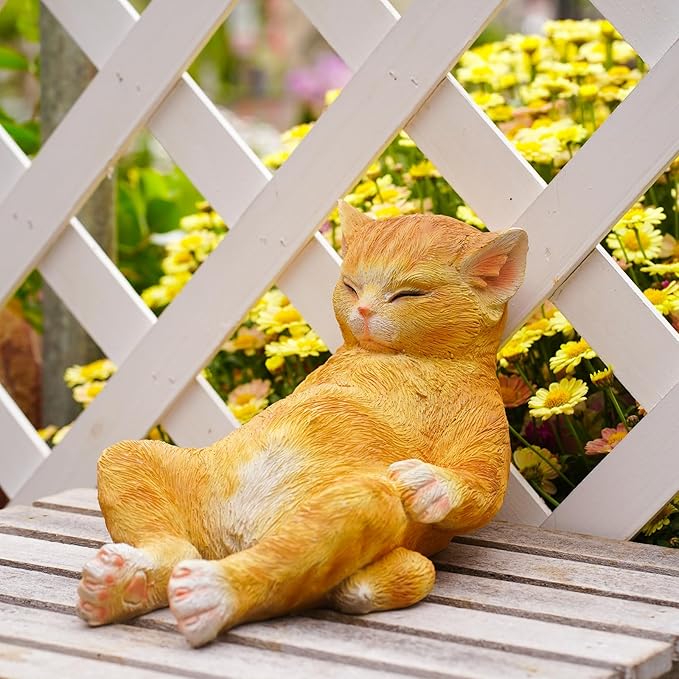 Orange Cat Garden Statue, Funny Resin Cat Figurine for Outdoor Indoor Decor, Cute Relaxing Cat Sculpture for Patio Yard Lawn Porch Shelf, Cat Lover Gift, Weather Resistant, 9.8" L x 5.9" W x 6.7" H