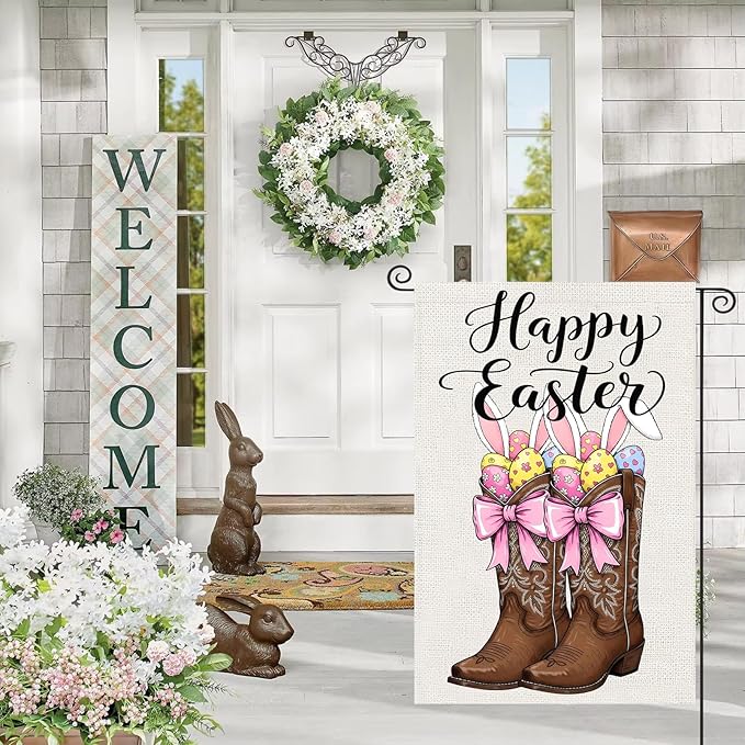 Happy Easter Garden Flags 12x18 Inch Vertical Double Sided Outside, Easter Eggs Bunny Boots Spring Yard Flag Decor, Holiday Outdoor Decorations for Home