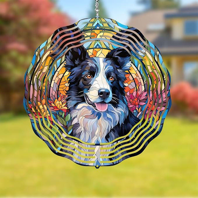 Border Collie Wind Spinner Pet Dog Memorial Gifts 3D Aluminum Metal Kinetic Hanging Wind Sculpture Spinners for Yard and Garden Indoor Outdoor Window Garden Decoration 8 Inch (Border Collie 1)