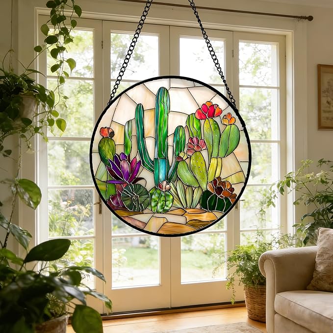 DASTOLL Stained Glass Window Hanging, White Green Cactus Suncatcher Diamond Glass Panel Hangings Sun Catchers Decor for Birthday for Women, Men, Wife, Aunt, and Mom 14.9x14.9 in