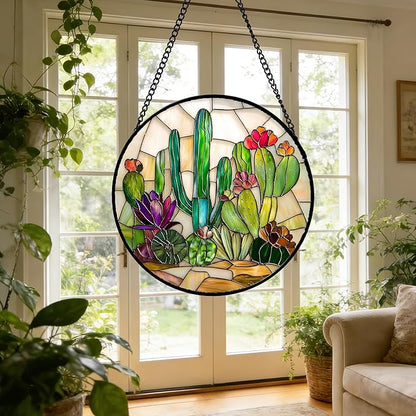 DASTOLL Stained Glass Window Hanging, White Green Cactus Suncatcher Diamond Glass Panel Hangings Sun Catchers Decor for Birthday for Women, Men, Wife, Aunt, and Mom 6.3 in