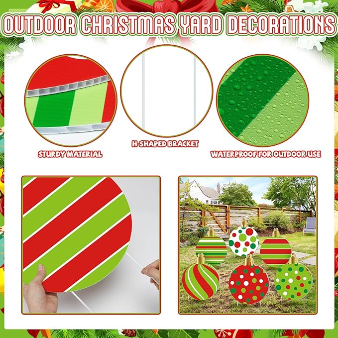 Vercraft 6 Pieces Large Christmas Balls Yard Signs with Stakes 15 Inch Outdoor Lawn Decorations Double Sided Xmas Balls Hanging Ornaments for Christmas Tree Garden Home Yard Decor