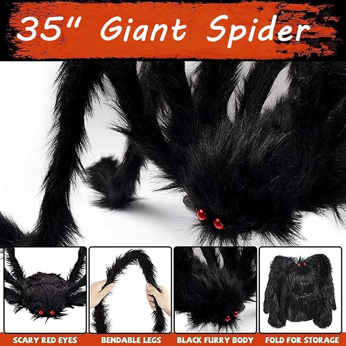 Halloween Spider Web Decoration 16ft + Giant Spider 35" Black + Stretchy Dense Spider Silk Rope and 2 Small Spiders Triangular Huge Spider Web for Indoor/Outdoor
