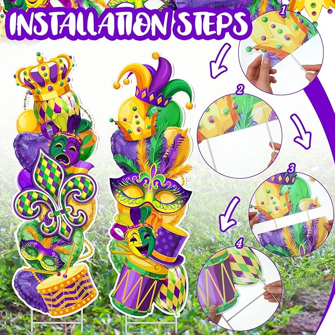 Beeveer 2 Pcs Mardi Gras Yard Sign with Stake Outdoor Carnival Lawn Decorations Waterproof Welcome Crown Carnival Decor Party Yard Signs for Festive Masquerade Home Garden Pathway Supplies