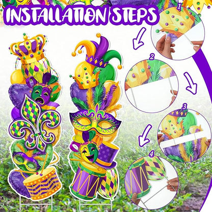 Beeveer 2 Pcs Mardi Gras Yard Sign with Stake Outdoor Carnival Lawn Decorations Waterproof Welcome Crown Carnival Decor Party Yard Signs for Festive Masquerade Home Garden Pathway Supplies