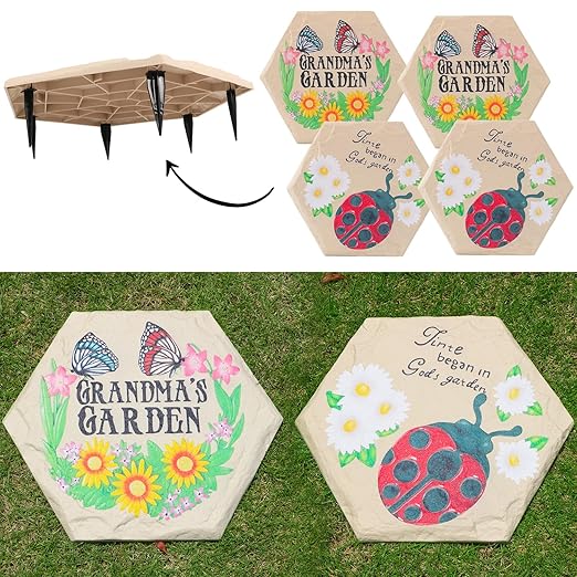4Pcs Hexagon Butterfly Stepping Stone Outdoor Garden Walkway, Durable Plastic Pavers for Patio, Pathway, and Landscaping, Weatherproof Stepping Stone with Ground Stakes for Easy Installation
