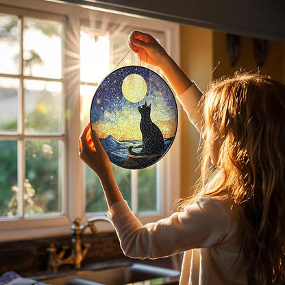 Black Cat Starry Night Stained Glass Suncatcher Window Hanging Decor for Garden, Cat Suncatcher Window Panel Gifts for Cats Lovers, Memorial Gifts for Pet Loss Sympathy Gift for Outdoor Decorations
