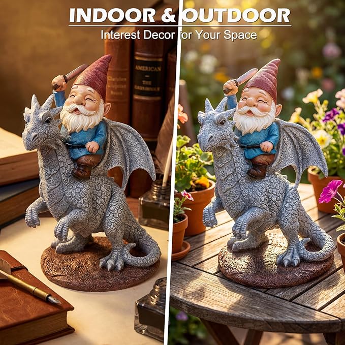 EXYGLO Gnome Garden Decor Statue, 9.7" Gnome Riding Dragon Outdoor Funny Decoration for Lawn, Patio, Yard, and Unique Housewarming, Birthday Ornament Gift for Boys, Friend, Family