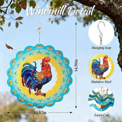 Stainless Steel 3D Chicken Wind Spinner Garden Yard Patio Porch Decor, Birthday Gifts for Women Mom Grandma, 12 Inch Hanging Rooster Wind Spinners Outdoor Chicken Coop Decoration