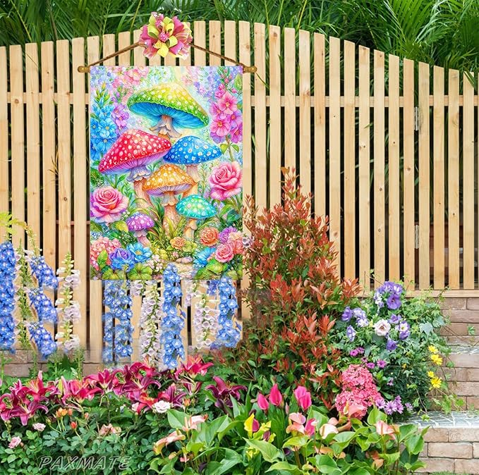 Spring Summer House Flag 28x40 Inch Double Sided Outside Colorful Mushroom Floral Flowers Outdoor Seasonal Holiday Welcome Yard Decoration