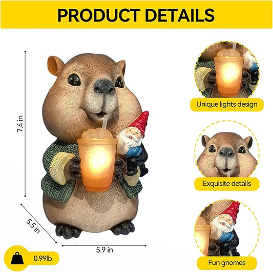 Solar Capybara Garden Gnome Statue,Outdoor Chipmunk Decor with Glowing Cup,Gnomes Figurine for Patio Yard Lawn,Christmas Housewarming Gifts for Mom,Women,Grandma