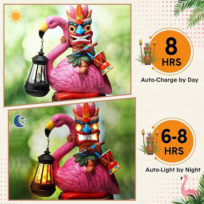 Gerrii Solar Tiki Statue Outdoor Light Decoration Tiki Bar Garden Statues 11'' Resin Waterproof Flamingo Figurines for Garden, Patio, Balcony, Yard, Lawn Ornament