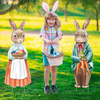 Capoda 2 Pack Easter Decorations Outdoor Yard Signs Bunnies 32.2 x 12.9 Inch Easter Eggs Yard Stake with H Stands for Holiday Party Spring Patio Lawn Garden Decor(Bunny Style)