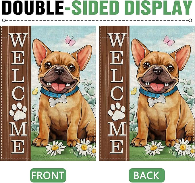 Dyrenson Welcome French Bulldog Dog 28 x 40 House Flag Double Sided, Paw Print Garden Yard Decoration Pet Owner Lover Gift, Spring Summer Burlap Outdoor Decor Decorative Large Flag