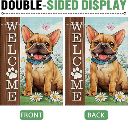 Dyrenson Welcome French Bulldog Dog 28 x 40 House Flag Double Sided, Paw Print Garden Yard Decoration Pet Owner Lover Gift, Spring Summer Burlap Outdoor Decor Decorative Large Flag