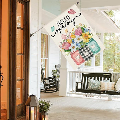 AVOIN colorlife Hello Spring House Flag 28x40 Inch Double Sided Outside, Floral Mason Jar Holiday Yard Outdoor Flag