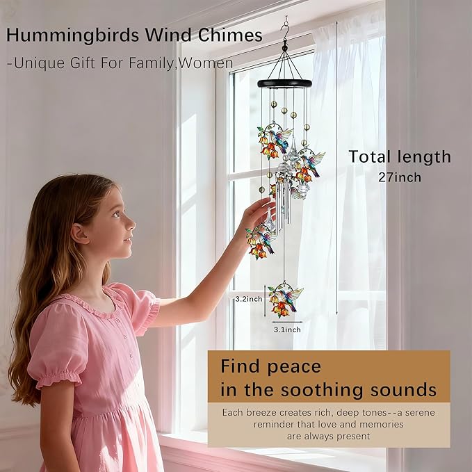 HDCRYSTALGIFTS Hummingbird Wind Chimes for Outside, 27'' Memorial Windchimes Outdoors, Hummingbirds Gifts for Women, Metal Chimes Window Garden/Yard Decor, Memorial/Birthday Gifts for Grandma/Mom