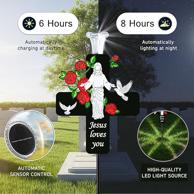 Solar Jesus Cross Memorial Stake with Rose - Religious Metal Cemetery Decorations, LED Christian Grave Marker, Sacred Sympathy Gift for Loss of Loved One (J Cross)