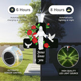 Solar Jesus Cross Memorial Stake with Rose - Religious Metal Cemetery Decorations, LED Christian Grave Marker, Sacred Sympathy Gift for Loss of Loved One (J Cross)