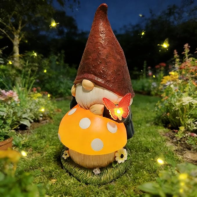 Solar Garden Gnome with mushroom for Garden Decor: IP44 Weatherproof Resin with Automatic Lighting - No Installation- Outdoor Yard Patio Balcony Art - Birthday Gifts for Bird Lovers Mom Grandma Women