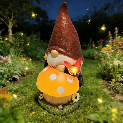 Solar Garden Gnome with mushroom for Garden Decor: IP44 Weatherproof Resin with Automatic Lighting - No Installation- Outdoor Yard Patio Balcony Art - Birthday Gifts for Bird Lovers Mom Grandma Women