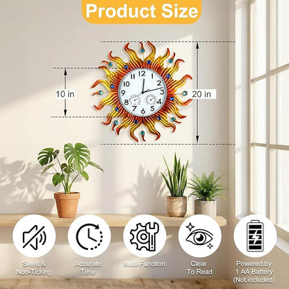20 Inch Large Outdoor Clock with Thermometer and Hygrometer Combo, Silent Non-Ticking Sun Outdoor Wall Clock, Outdoor Clocks Waterproof for Patio, Garden, Kitchen, Living Room