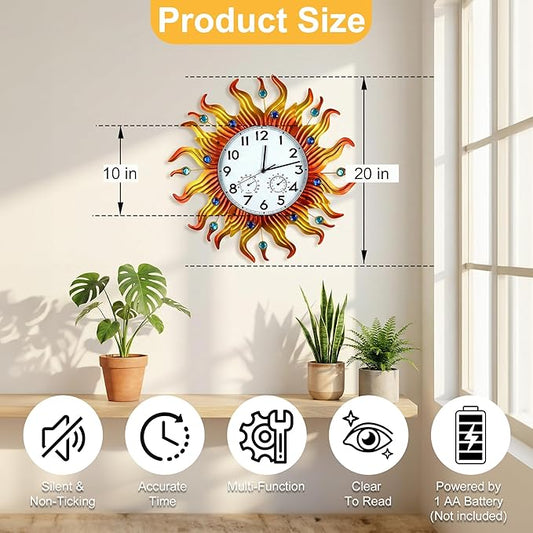 20 Inch Large Outdoor Clock with Thermometer and Hygrometer Combo, Silent Non-Ticking Sun Outdoor Wall Clock, Outdoor Clocks Waterproof for Patio, Garden, Kitchen, Living Room