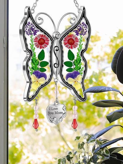 KY&BOSAM Butterfly Suncatcher Stained Glass Suncathers for Windows Hangings Wind Chime with Real Flower Wings and Meatl I Love You Mom Heart Charm for Mom Birthday Christmas Decor