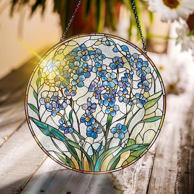 Bimkole Forget-Me-Not Stained Glass Suncatcher Window Hanging - Plants Indoor Window or Doorway Decoration - Handmade Sun Catcher Decor for Garden Home Christmas & Birthday Gifts 7.87x7.87 Inch