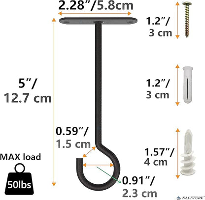 NACETURE Ceiling Hooks Heavy Duty 2 Pack - Plant Hooks for Ceiling Hanging Hook for Hanging Basket Hook, Light, Bird Feeders, Wind Chimes Décor Indoor & Outdoor (Black, 5 Inch 6 Pack)