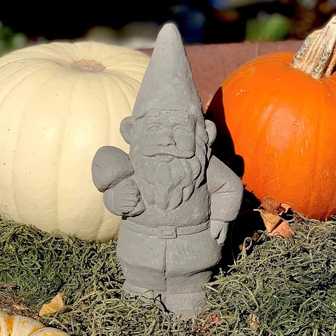 Garden Gnome with Shroom: Solid Durable Stone Statue with Vintage Texture. Sealed for Outdoors. Handcrafted USA. (Antique/Gray)